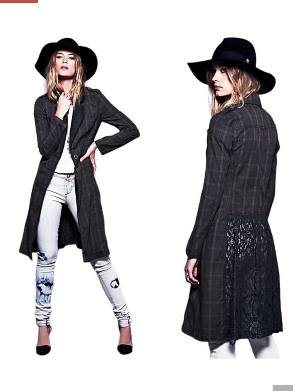 Free People Women's Lace Lapel Menswear Plaid Duster Trench Coat Jacket Size 10